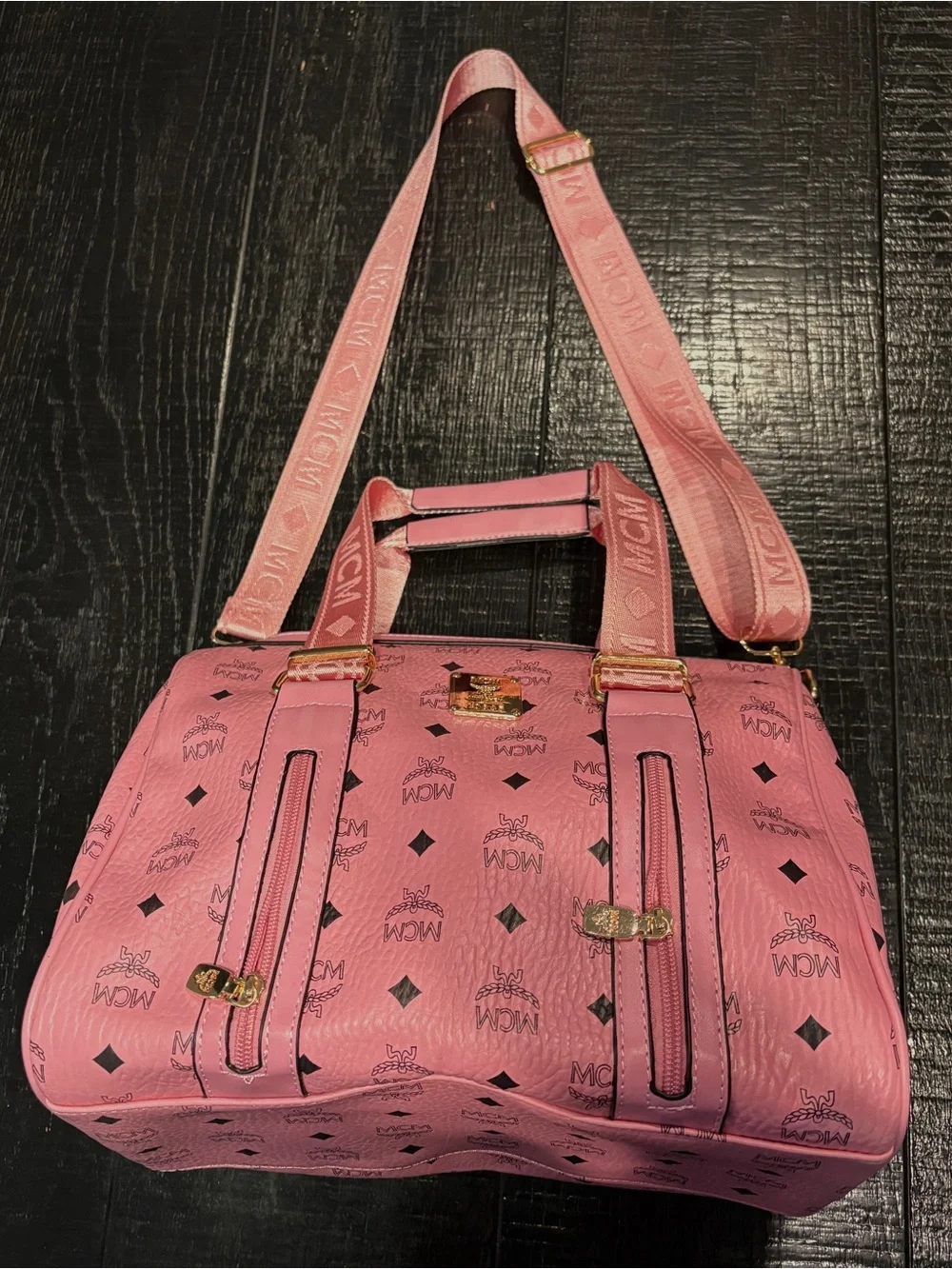 Pink Logo-Print Leather Satchel with Adjustable Strap